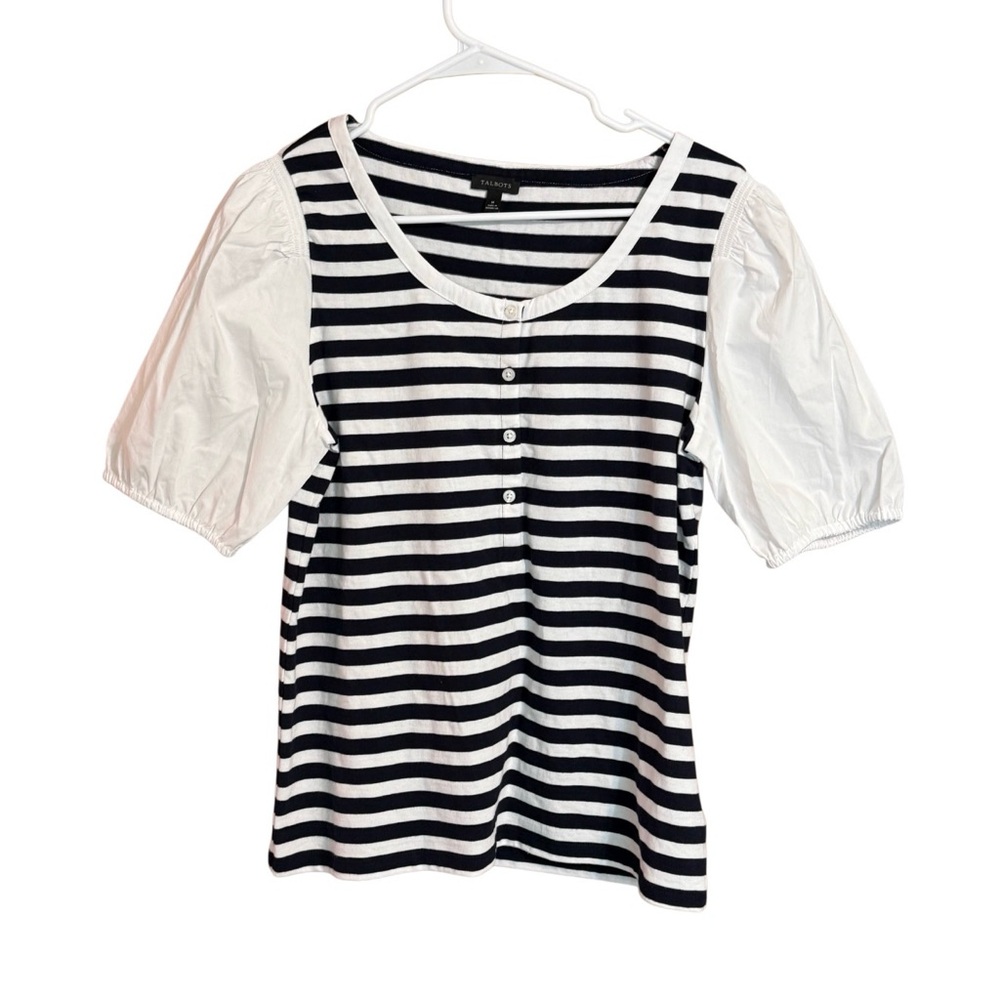 Talbots Striped Puff Sleeve Top Medium Navy White Cotton Button Front Shirt
